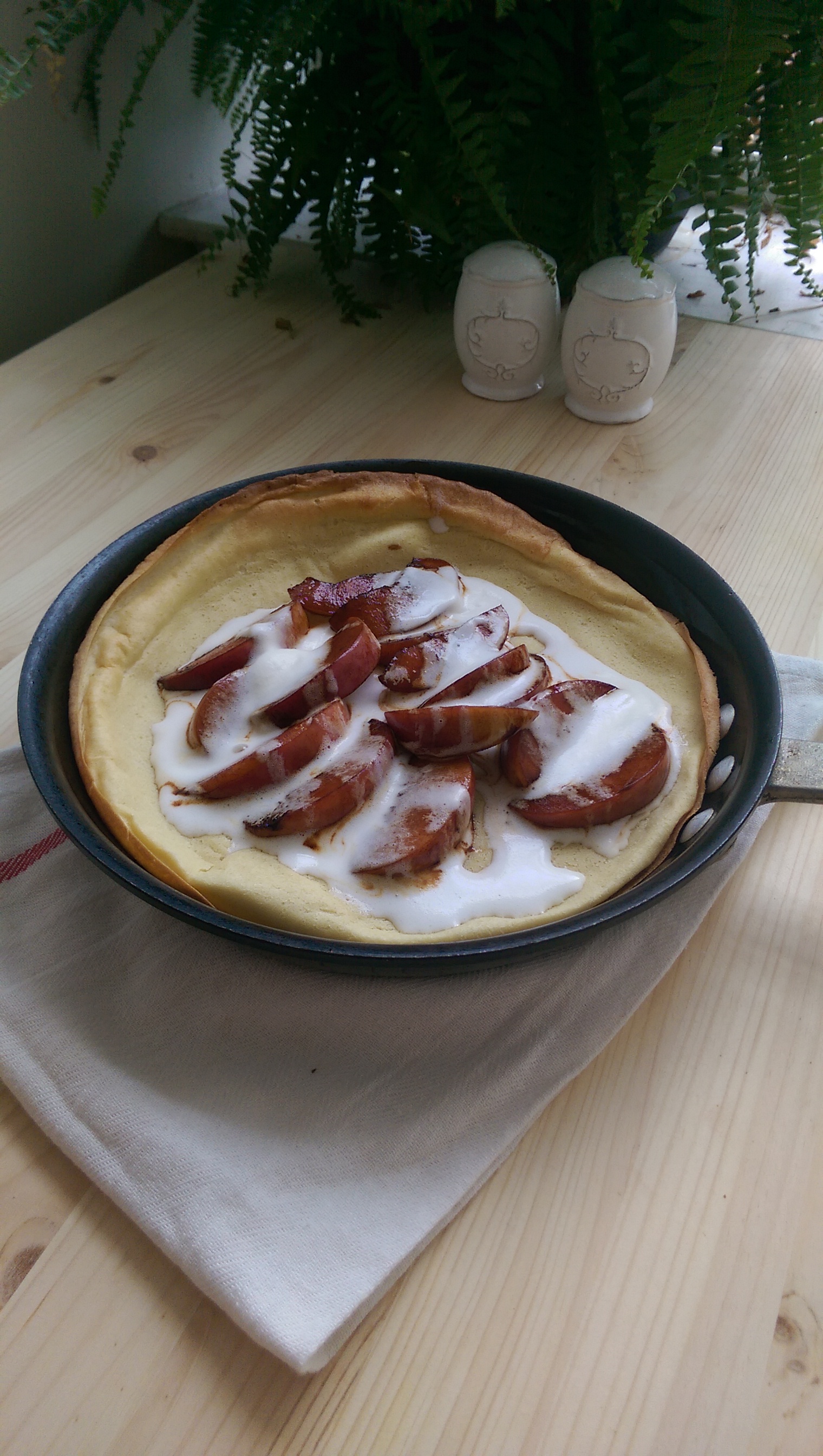 “Drunken Peaches” German Pancake with Crème Fraiche
