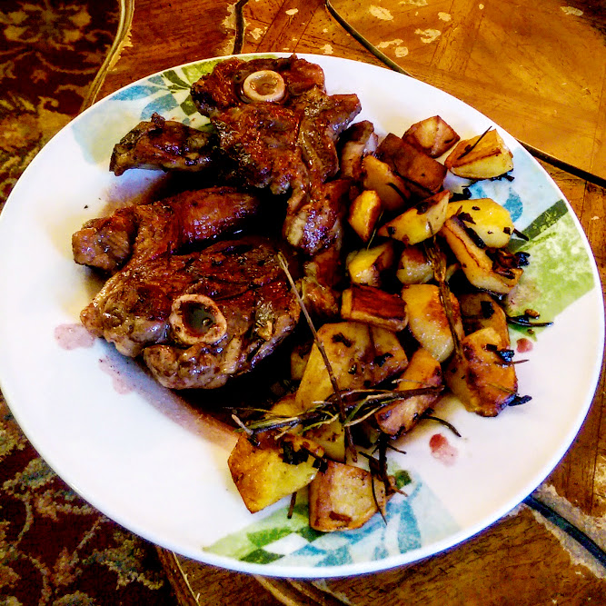Lamb Chops with a Red Wine and Pomegranate Reduction and Garlic, Butter, Rosemary Potatoes